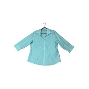 Chicos size 2 shirt button up blue/white 3/4 sleeve no-iron  100% cotton
